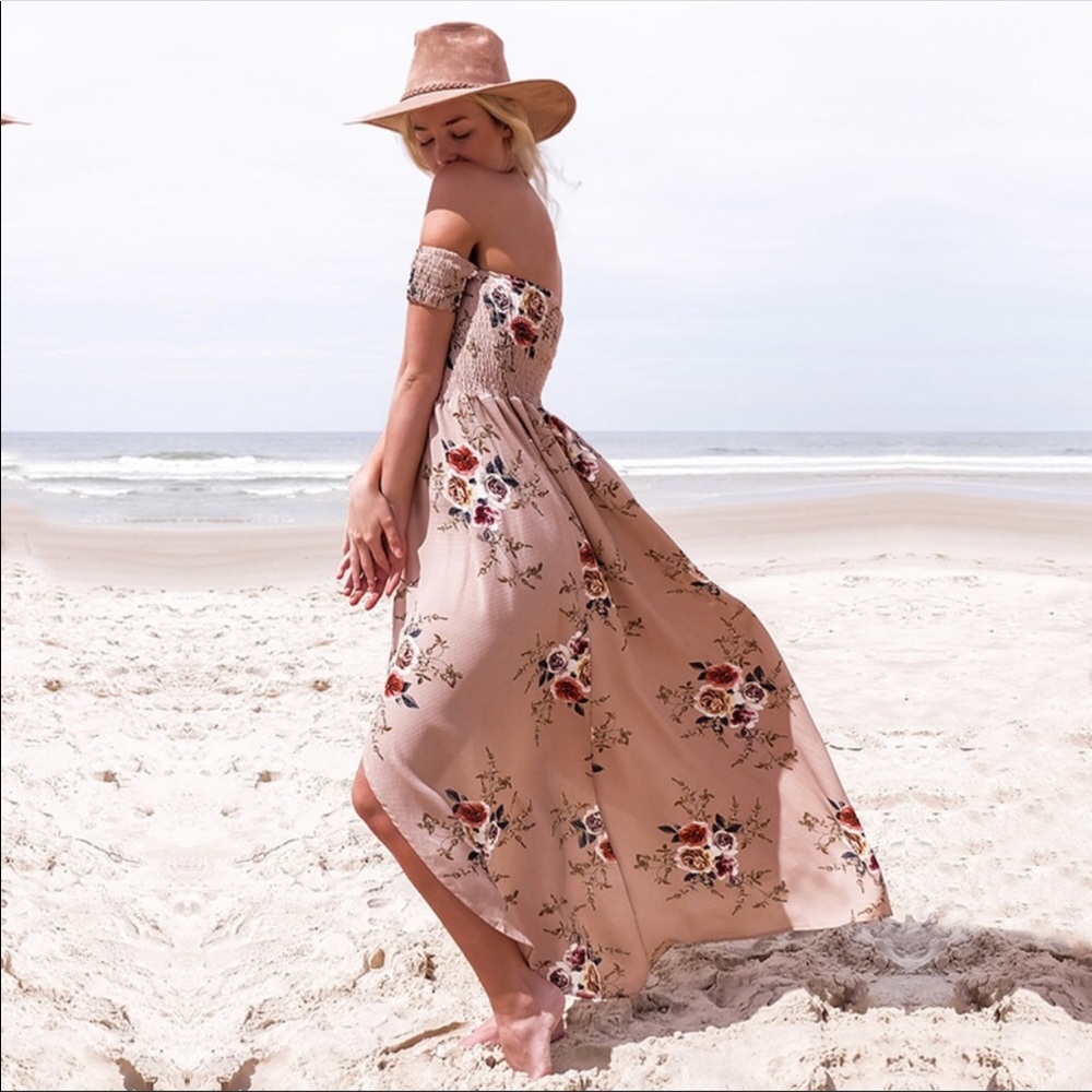 Beige Flores maxi bohemian dress